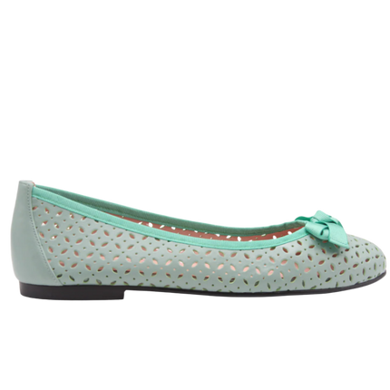 Mint green flat shoe with a bow on a white background