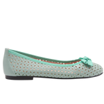 Mint green flat shoe with a bow on a white background