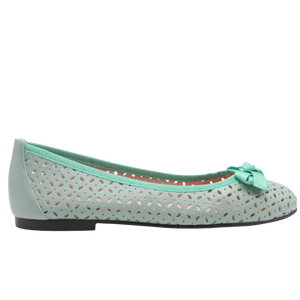Mint green flat shoe with a bow on a white background