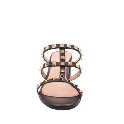 black leather gold studded block heel front view 