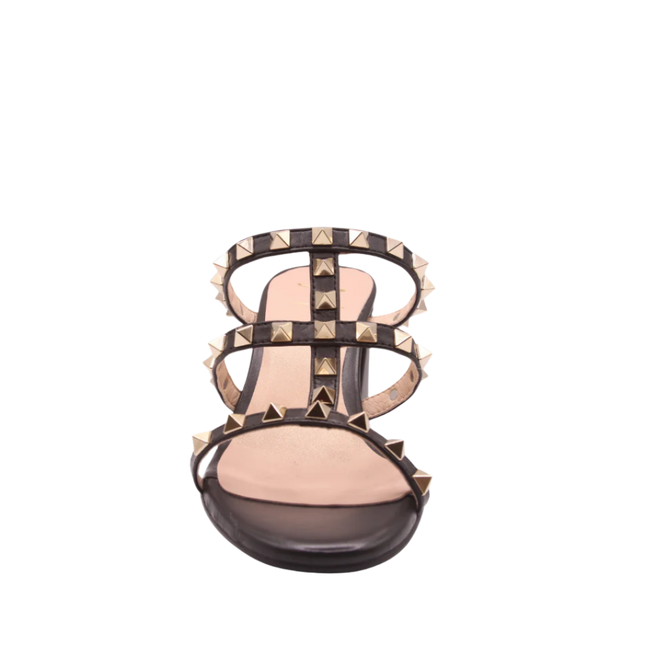 black leather gold studded block heel front view 