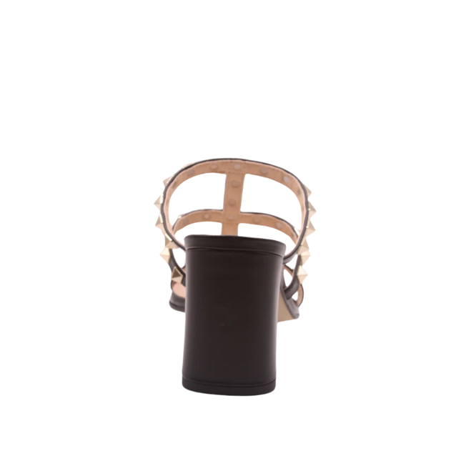 black leather block heel with gold studs back view 