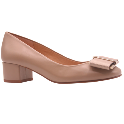 latte (light Beige) low block heel with gold metal and beige grosgrain buckle detail square toe slip on heel. angle view 