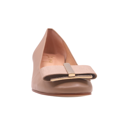 latte (light Beige) low block heel with gold metal and beige grosgrain buckle detail square toe slip on heel. front view 