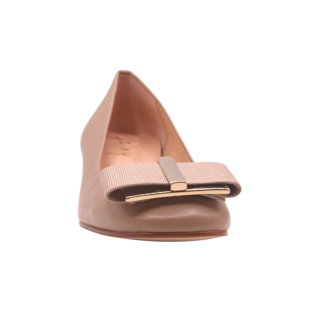 latte (light Beige) low block heel with gold metal and beige grosgrain buckle detail square toe slip on heel. front view 