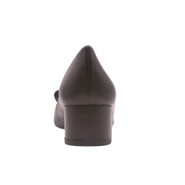 back of the black leather low block heel 
