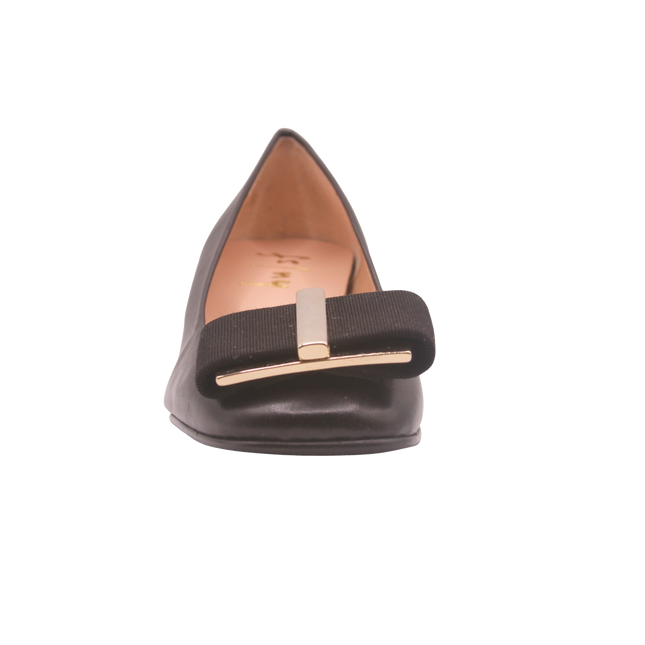 black leather low block heel with a gold metal and black grosgrain buckle detail on toe box square toe - front view 