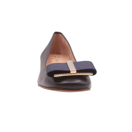navy leather low block heel with gold metal and navy grosgrain buckle detail square toe slip on heel. front view 