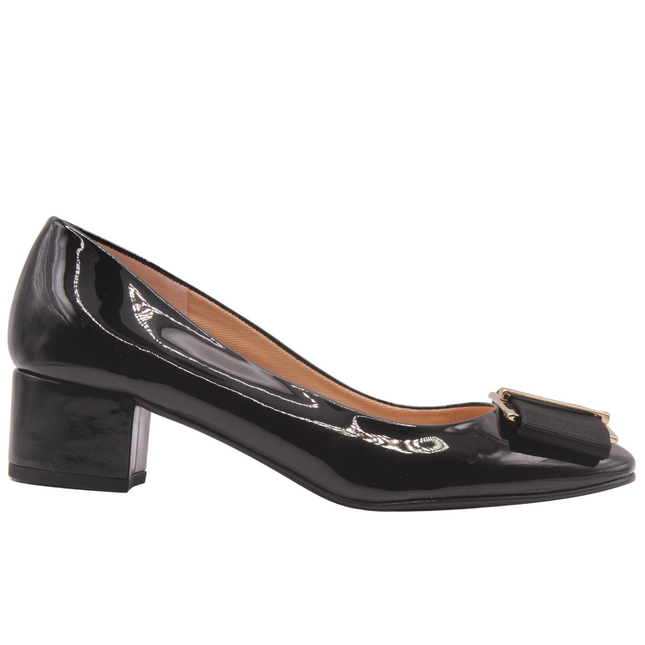 black patent low block heel with a gold metal and black grosgrain buckle detail on toe box square toe. - side view 