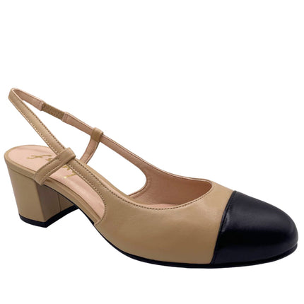 side view of camel leather block slingback heel with black leather cap toe - round toe - angle view 