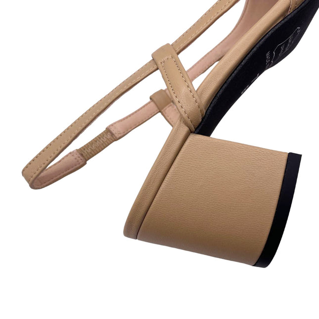 close up of the camel block slingback heel 