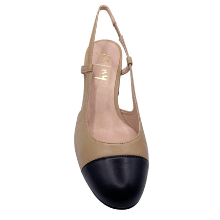 side view of camel leather block slingback heel with black leather cap toe - round toe - top view 