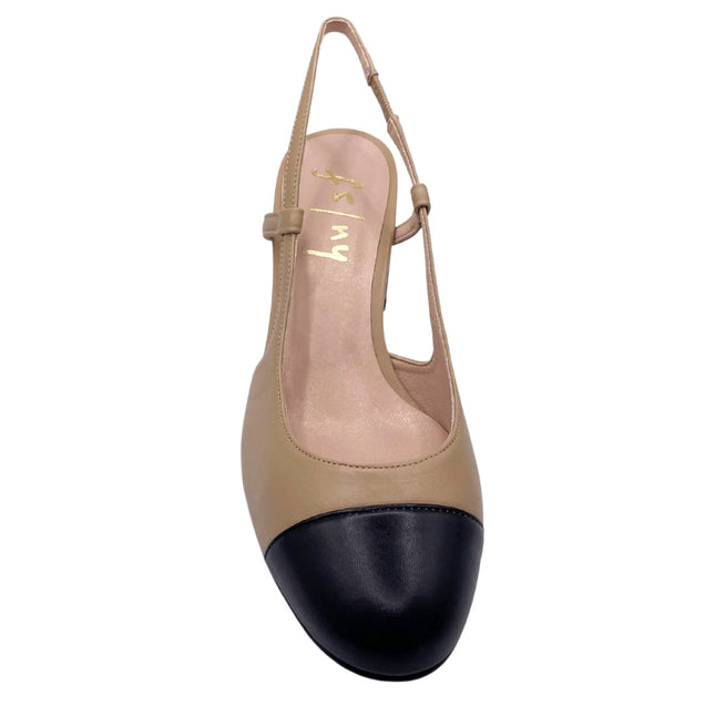 side view of camel leather block slingback heel with black leather cap toe - round toe - top view 
