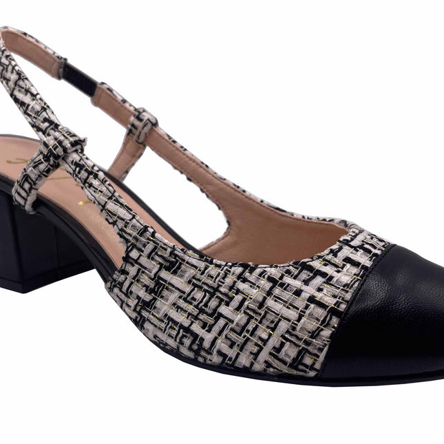 black and white tweed slingback block heel with leather black cap toe round toe - angle view 