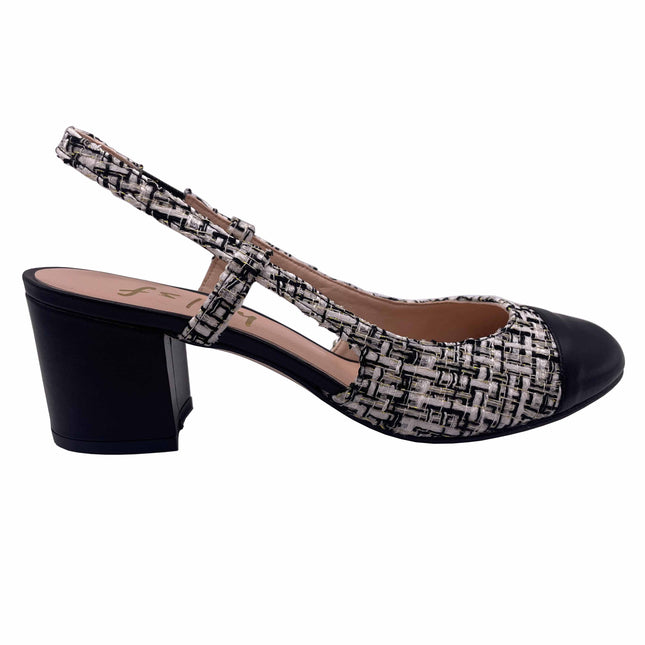 black and white tweed slingback block heel with leather black cap toe round toe - side view 