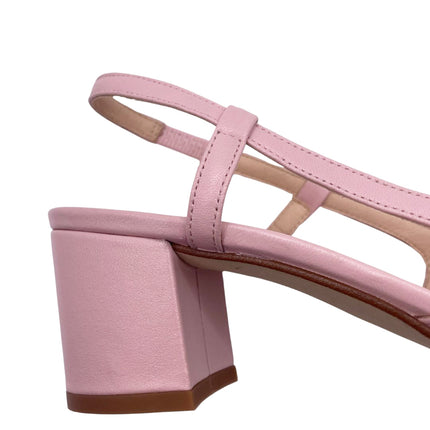 close up on blush leather slingback block heel 