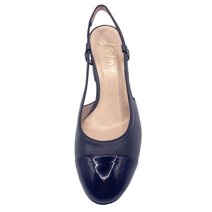 Navy leather slingback block heel with Navy patent cap toe round toe - top view 