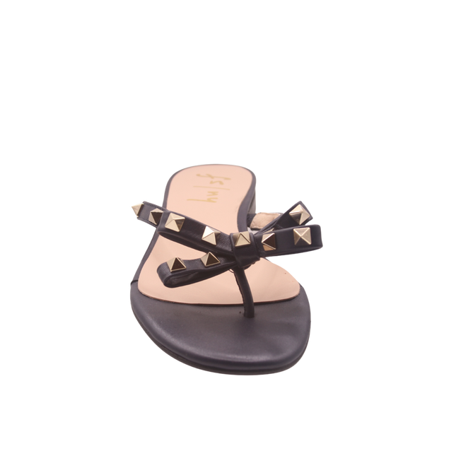 Navy thong sandal with two bow-shaped straps decorated with gold pyramid studs front view 