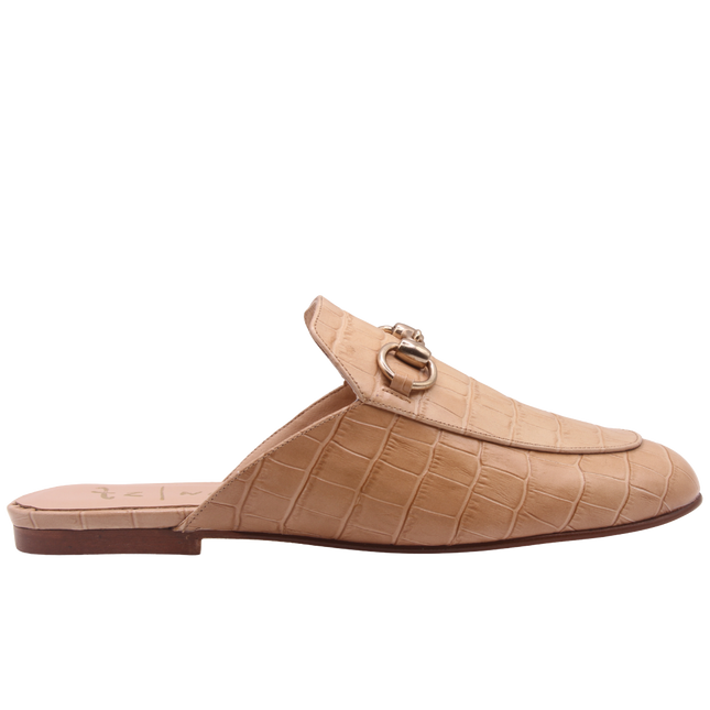 Taupe crocodile-embossed leather mule with a pointed toe, low heel, and a gold buckle detail on the top. Side view 
