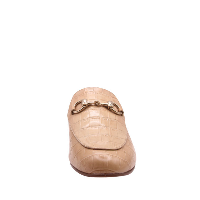 Taupe crocodile-embossed leather mule with a pointed toe, low heel, and a gold buckle detail on the top. front view 