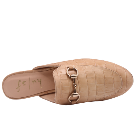 Taupe crocodile-embossed leather mule with a pointed toe, low heel, and a gold buckle detail on the top. top view 
