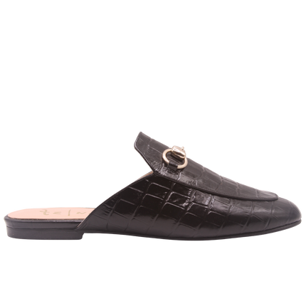 Black crocodile-embossed leather mule with a pointed toe, low heel, and a gold buckle detail on the top. Side view 