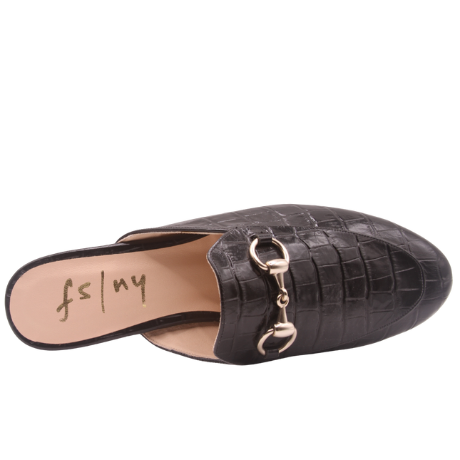 Black crocodile-embossed leather mule with a pointed toe, low heel, and a gold buckle detail on the top. top view 