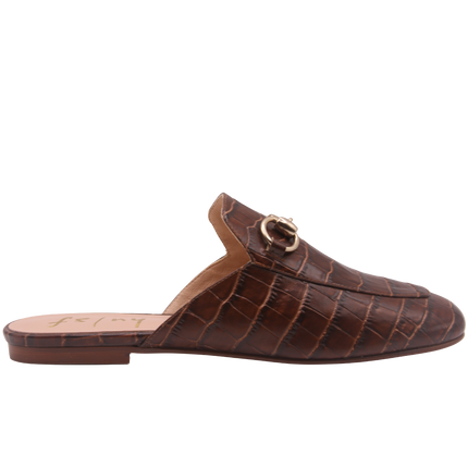 Brandy crocodile-embossed leather mule with a pointed toe, low heel, and a gold buckle detail on the top.  Side View 