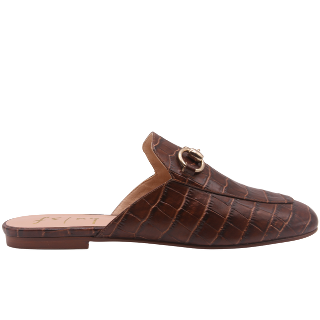 Brandy crocodile-embossed leather mule with a pointed toe, low heel, and a gold buckle detail on the top.  Side View 
