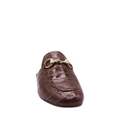 Brandy crocodile-embossed leather mule with a pointed toe, low heel, and a gold buckle detail on the top.  Front View 
