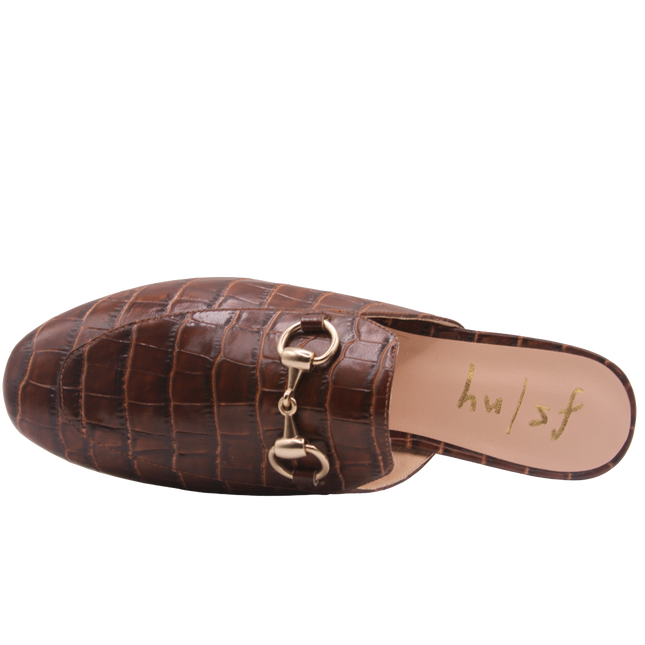 Brandy crocodile-embossed leather mule with a pointed toe, low heel, and a gold buckle detail on the top. Top View 