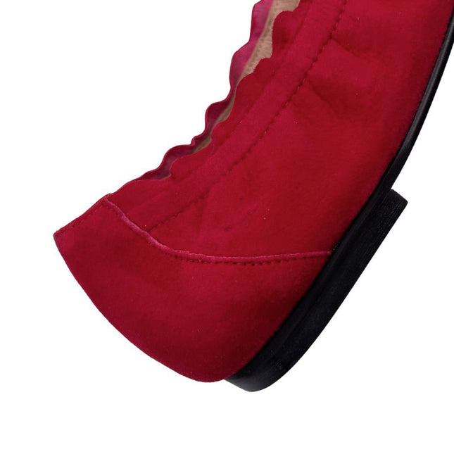 close up of the cuff red suede 