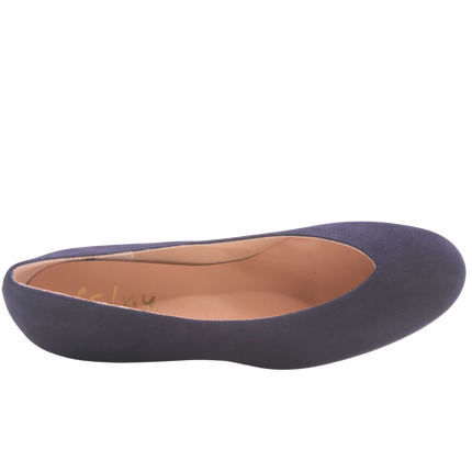 navy suede almond toe wedge heel with a v cut opening - Top view 
Wedge Heel - Suede 
Body Suede