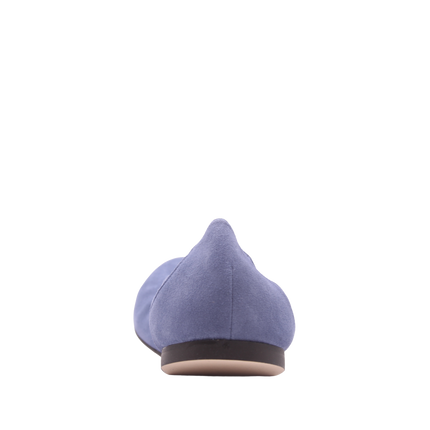 blue suede ballet flat with a rounded toe and elasticated topline. back view