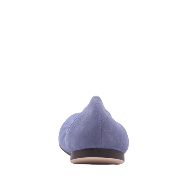 blue suede ballet flat with a rounded toe and elasticated topline. back view