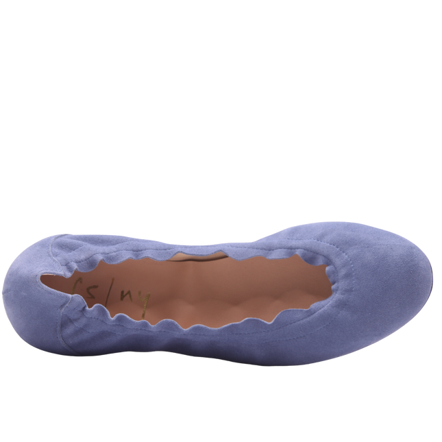 blue suede ballet flat with a rounded toe and elasticated topline. top view