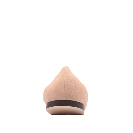 nude suede ballet flat with a rounded toe and elasticated topline back view