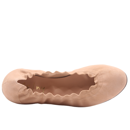 nude suede ballet flat with a rounded toe and elasticated topline top view