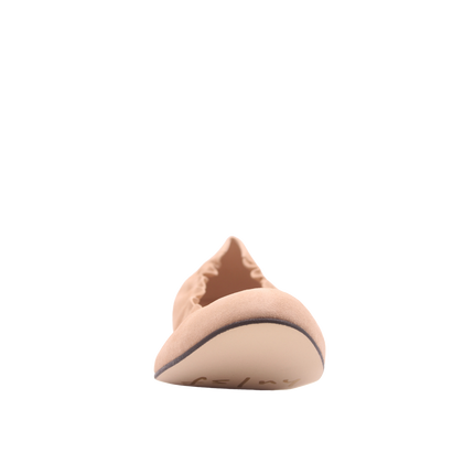 nude suede ballet flat with a rounded toe and elasticated topline front view