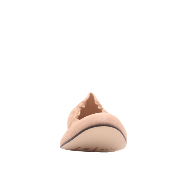 nude suede ballet flat with a rounded toe and elasticated topline front view
