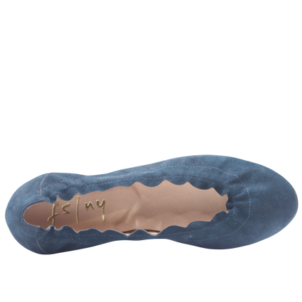 blue suede ballet flat with a rounded toe and elasticated topline top view 