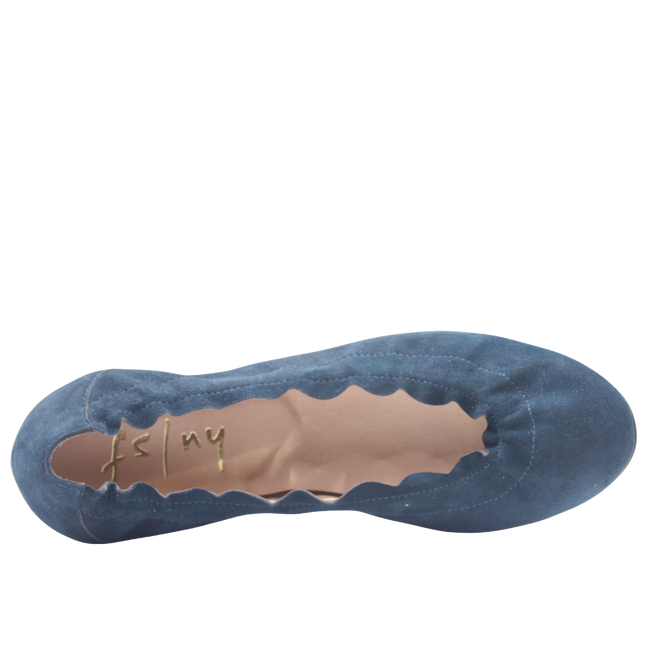 blue suede ballet flat with a rounded toe and elasticated topline top view 