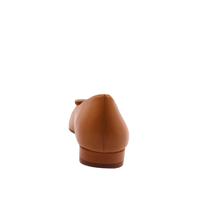 Cognac leather flat with a square toe, a small heel for slight lift, and a textured cognac buckle with gold detailing on the toe box back view 
