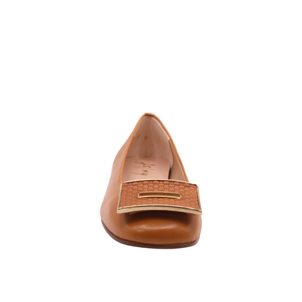 Cognac leather flat with a square toe, a small heel for slight lift, and a textured cognac buckle with gold detailing on the toe box front view 