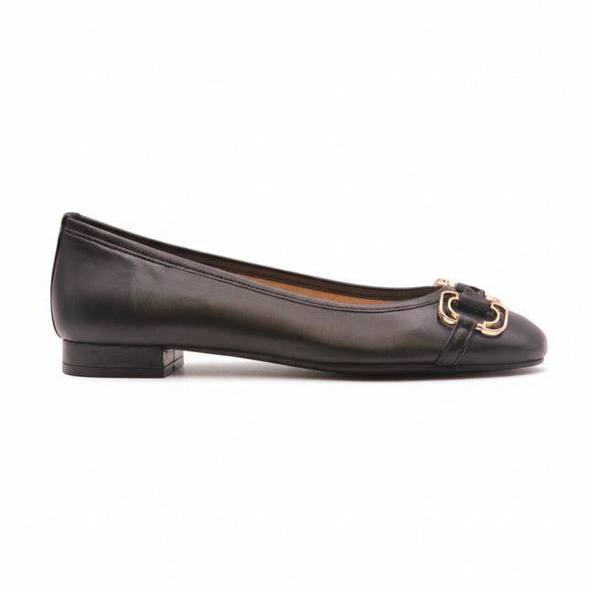 Black leather ballet flat with a low heel and a gold-accented buckle detail on the front. side view 