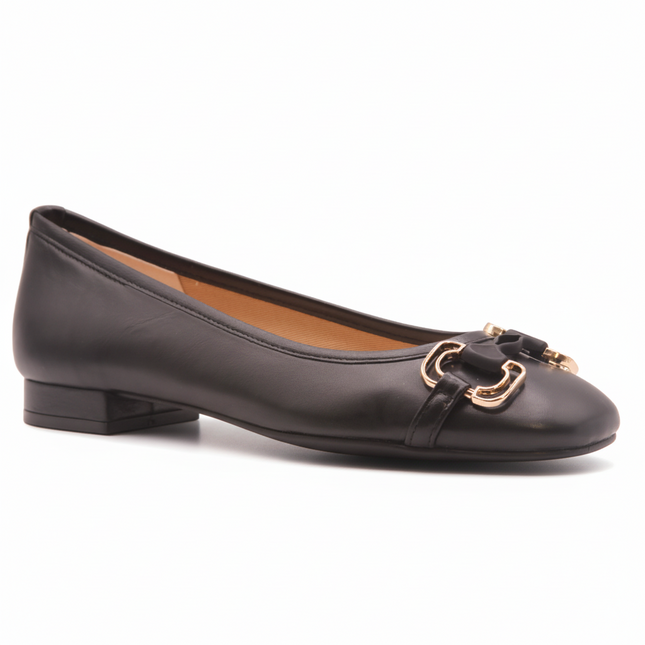 Black leather ballet flat with a low heel and a gold-accented buckle detail on the front. angle view 