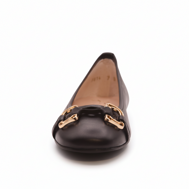 Black leather ballet flat with a low heel and a gold-accented buckle detail on the front. front view 