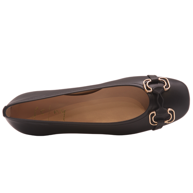 Black leather ballet flat with a low heel and a gold-accented buckle detail on the front. top view 