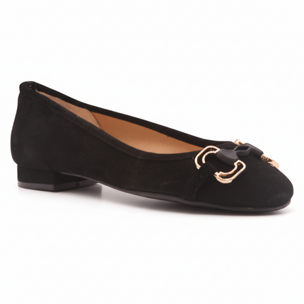 black suede ballet flat with a low heel and a gold-accented buckle detail on the front. angle view 
