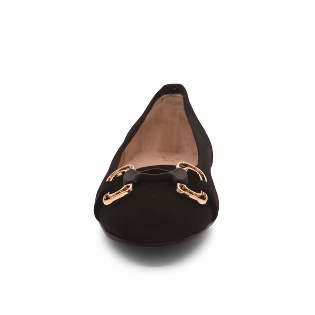 black suede ballet flat with a low heel and a gold-accented buckle detail on the front. font view 